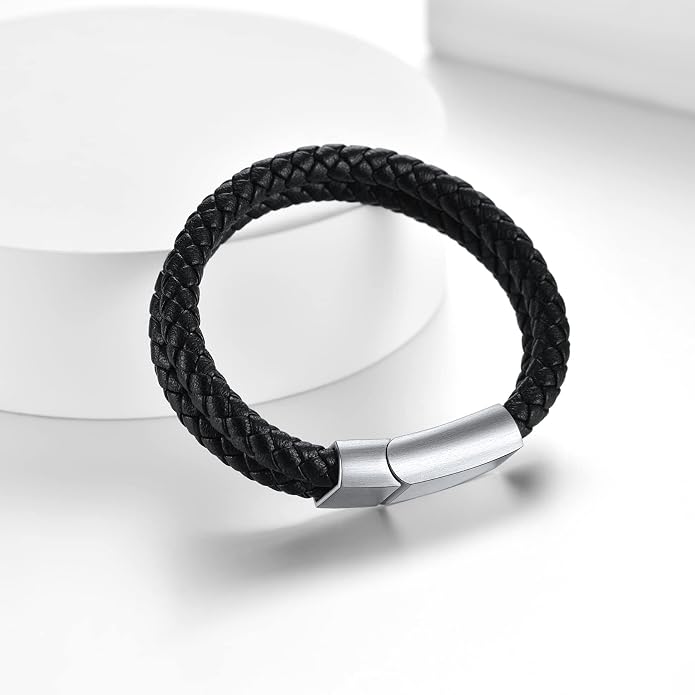 ChainsHouse Mens Wrap Braided Leather Black Bead Bracelets Bangles, Vintage Star of David/Wing Skull/Templar Cross Genuine Leather Bracelet, Customize Available, Size 7.5/8.3/9.0 Inch, Send Gift Box