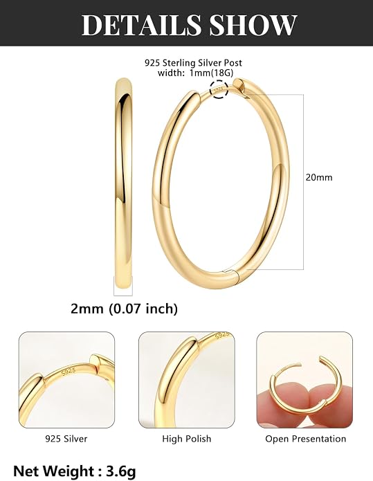 Silvora 14K Gold Plated Huggie Hoop Earrings for Women, Small Sterling Silver Hoops, Hypoallergenic Cartilage Earrings for Sensitive Ears 8/10/12/14/16/18/20MM