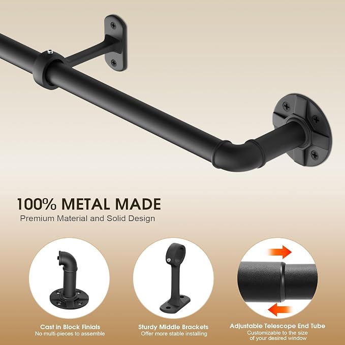 DOJUWIN Industrial Heavy Duty 1 Inch Blackout Black Curtain Rod 32-48 Inch | Wrap Around for Windows, Indoor/Outdoor Room Divider
