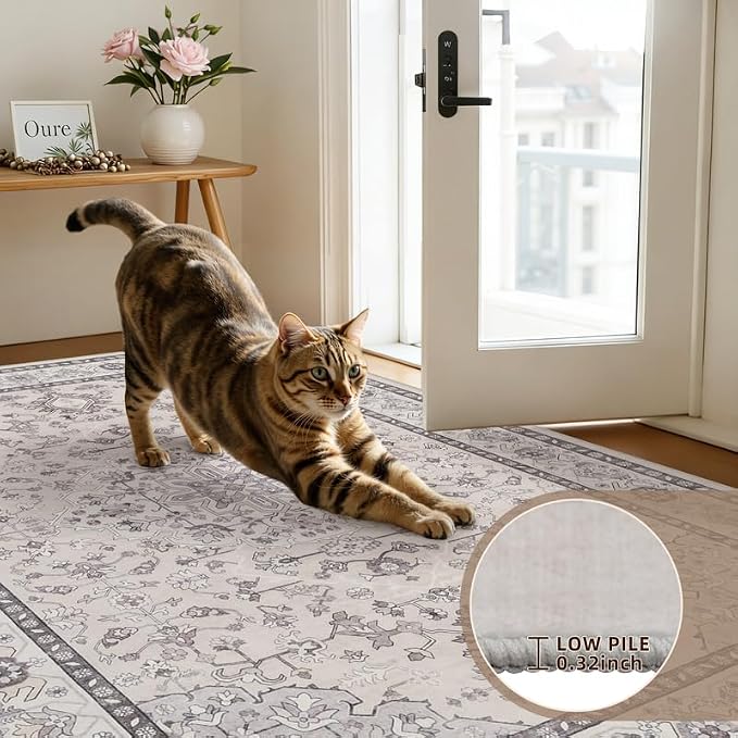 8x10 Area Rugs for Living Room: Vintage Boho Neutral Washable Rug Indoor Soft Large Area Rug Carpet for Bedroom Nursery Farmhouse Dining Room Office Floor Non-Slip Low Pile Under Table Beige & Grey