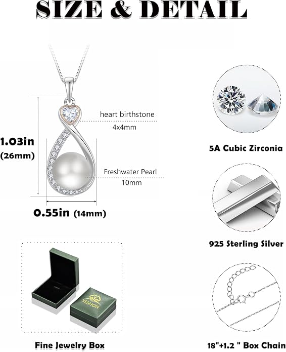 Heart Birthstone Pearl Pendant Necklace, 925 Sterling Silver Infinity Necklace with 10mm Freshwater Cultured Pearl & 4mm Gemstone Jewelry for Women