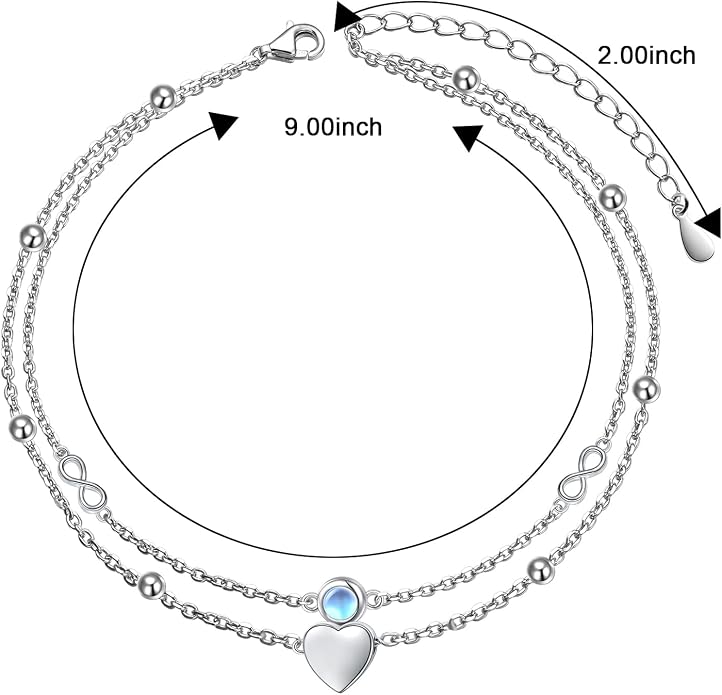 Flyow Anklet for Women S925 Sterling Silver Adjustable Foot Beaded Heart Charm Ankle Bracelet Anklets Jewelry