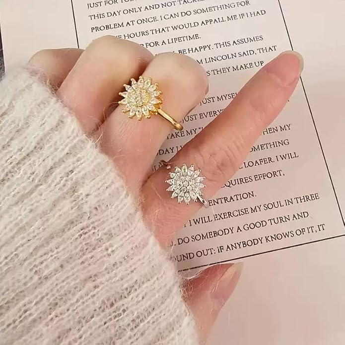 Fidget Ring Anxiety Spinner Ring Open Adjustable Sunflower Star Moon Windmill Butterfly Rings Daisy Stress Relieving Fidget Women Cubic Zirconia Anti Stress Mood Rotate Inspirations Jewelry