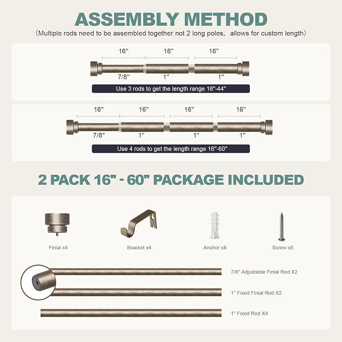 Lootkell 2 Pack Retro Silver Curtain Rods Set for Windows 28 to 48 Adjustable Length Heavy Duty 1" Diameter Window Curtain Rod with Decorative Finials for Outdoor Bedroom Kitchen Living Room Farmhouse