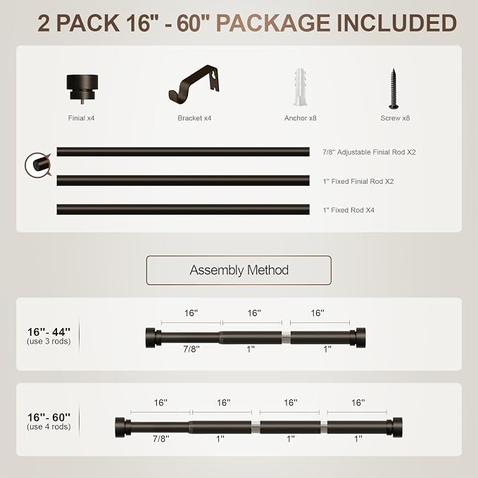 Lootkell 2 Pack Modern Brown Curtain Rods Set for Windows 28 to 48 Inches Adjustable Length Heavy Duty 1" Diameter Window Curtain Rod with Decorative Finials for Outdoor Bedroom Kitchen Living Room