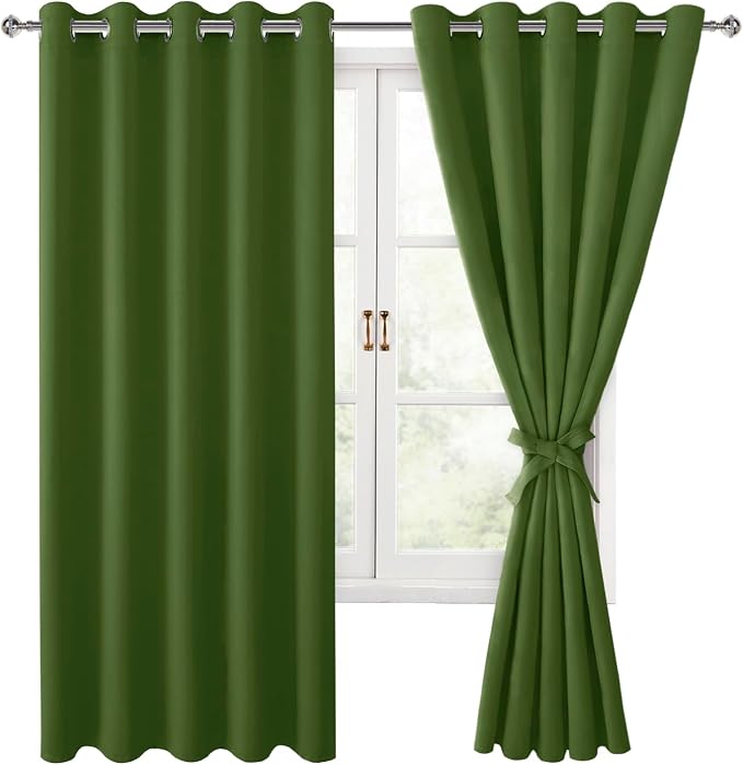 Hiasan Room Darkening Curtains for Bedroom, 60 x 72 Inches - Thermal Insulated & Energy Saving Window Drapes for Living Room/Dorm Room, Set of 2 Panels Sewn with Tiebacks, Olive Green