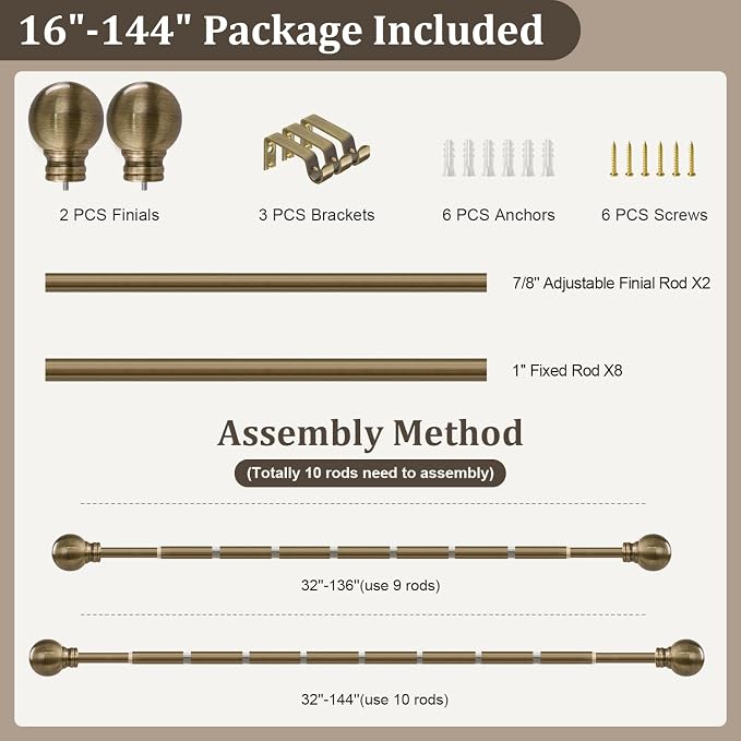 Antique Bronze Curtain Rods for Windows 72 to 144 Inch Long Brass Window | Curtain Rod 1" Diameter Adjustable Heavy Duty with Metal Finials for Living Room Bedroom Farmhouse Kitchen Outdoor