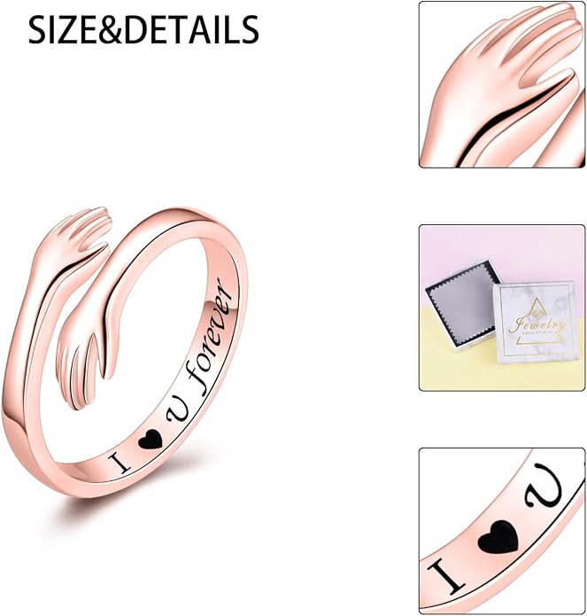 S925 Sterling Silver Hug Rings for Women Teen Girls Adjustable Ring for Granddaughter Daughter Hope Promise Friendship Hand Ring Jewelry for Birthday Graduation Christmas Mothers Day Valentines Gifts