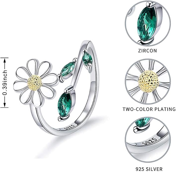 Daisy Anxiety Relieve Rings - 925 Sterling Silver You Are My Sunshine Sunflower Fidget Jewelry ADHD Stress Relieving Spinner Ring for Women