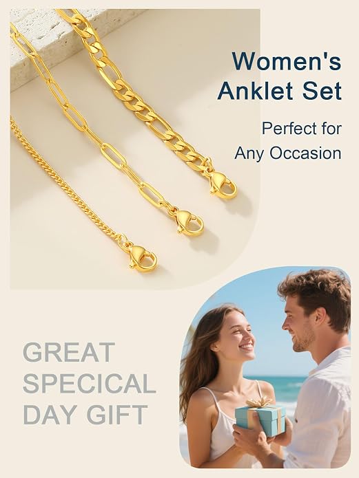 ChainsPro Stainless Steel Waterproof Anklet for Women, Adjustable Non Tarnish Layered Anklets, Trendy Dainty Cuban Link Ankle Bracelet Beach Jewelry Gifts for Swimming & Daily Wear (8.5+2 inches)