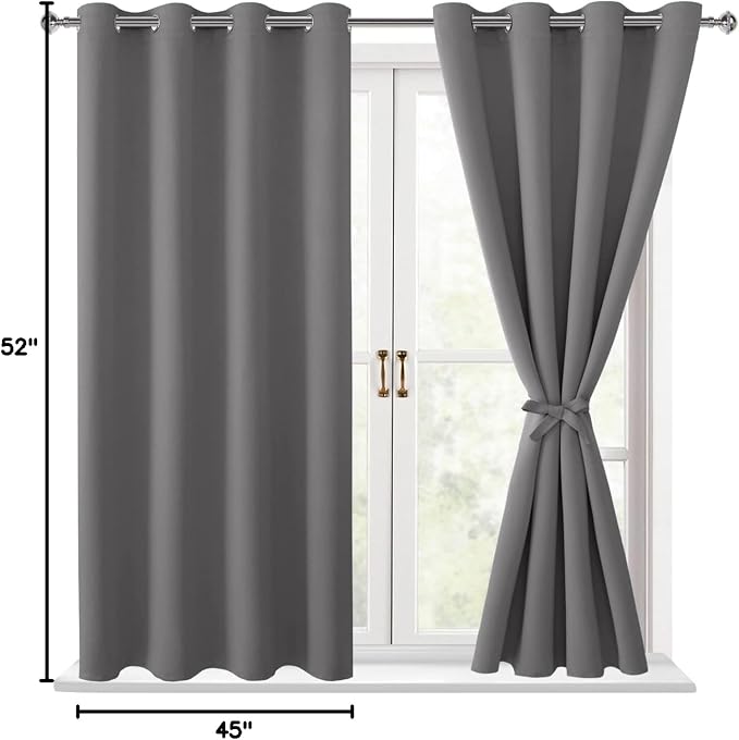 Hiasan Blackout Curtains for Bedroom - Thermal Insulated & Light Blocking Window Curtains for Living Room/Kids Room, 2 Drape Panels Sewn with Tiebacks, Light Grey, 52 x 45 Inch