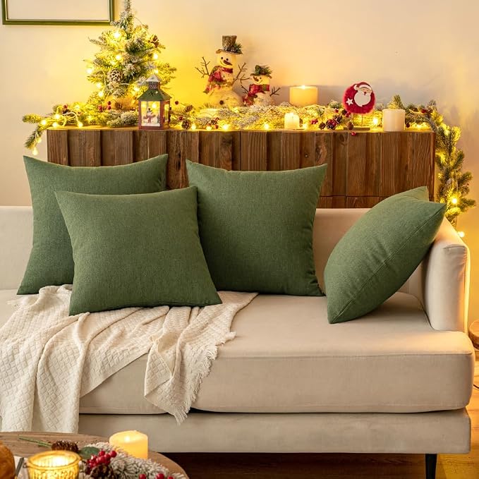 MIULEE Pack of 2 Decorative Outdoor Solid Waterproof Throw Pillow Covers Euro Sham Faux Linen Garden Farmhouse Cushion Cases for Patio Tent Balcony Couch Sofa 26x26 Inch Dark Green