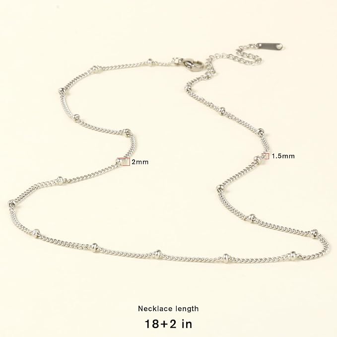 Cadikez 24PCS Stainless Steel Satellite Chain Necklace Bulk, 1.5mm 18inch Stainless Steel Finished Beaded Curb Link Chains for Necklace Jewelry Making