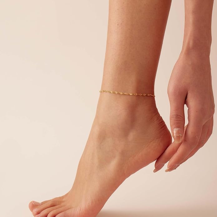 Dainty Ankle Bracelets for Women 18K Gold Plated Satellite Beaded Herringbone Lip Chain Anklets Simple Minimalist Summer Beach Foot Jewelry Christmas Gifts