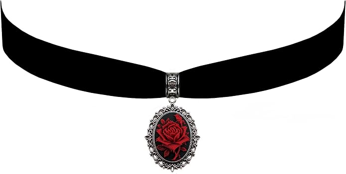 Victorian Vault Black Velvet Choker Rose Cameo Gothic Steampunk Pendant Necklace Red Black
