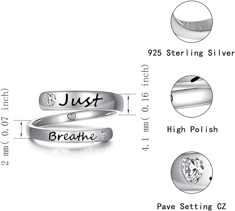 Sterling Silver Just Breathe Ring: Inspirational Encouragement Rings Adjustable Motivational Hope Jewelry Gift for Women