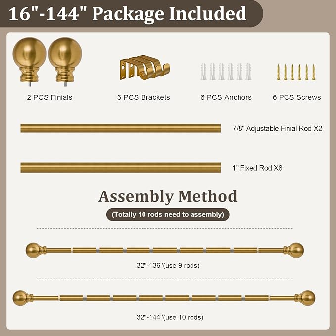 Modern Gold Curtain Rods for Windows 16 to 144 Inch 1" Diameter | Adjustable Length Heavy Duty Brass Long Iron Window Curtain Rod with Metal Finials for Living Room Bedroom Farmhouse Kitchen