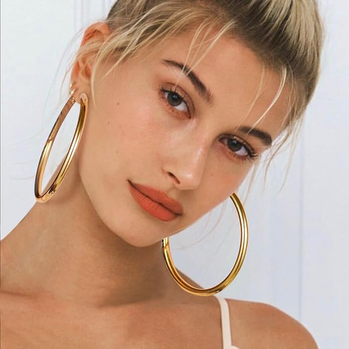 Stainless Steel Chunky Hoop Earrings For Women, Minimalist and Chic, Black/Gold Plated, Round Hoops Earrings Hypoallergenic, Size: 30mm/40mm/60mm/80mm, Come with Box