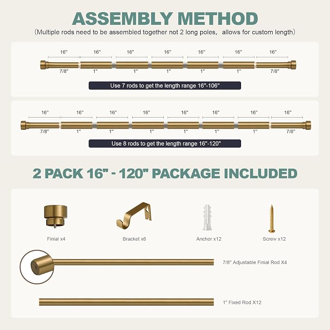 Lootkell 2 Pack Warm Gold Curtain Rods for Windows 66 to 120 Adjustable Length Heavy Duty 1" Diameter Brass Window Rod with Solid Metal Finials for Outdoor Farmhouse Bedroom Kitchen Living Room