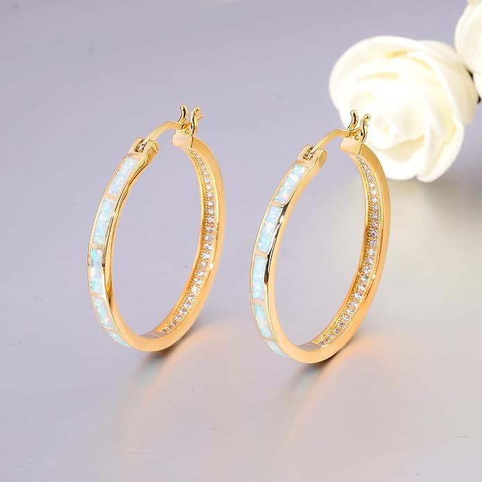 CiNily Opal Hoop Earrings,Women Jewelry Rhodium Plated/Rose Gold or Yellow Gold Plated Gemstone Big Hoop Earrings 32mm