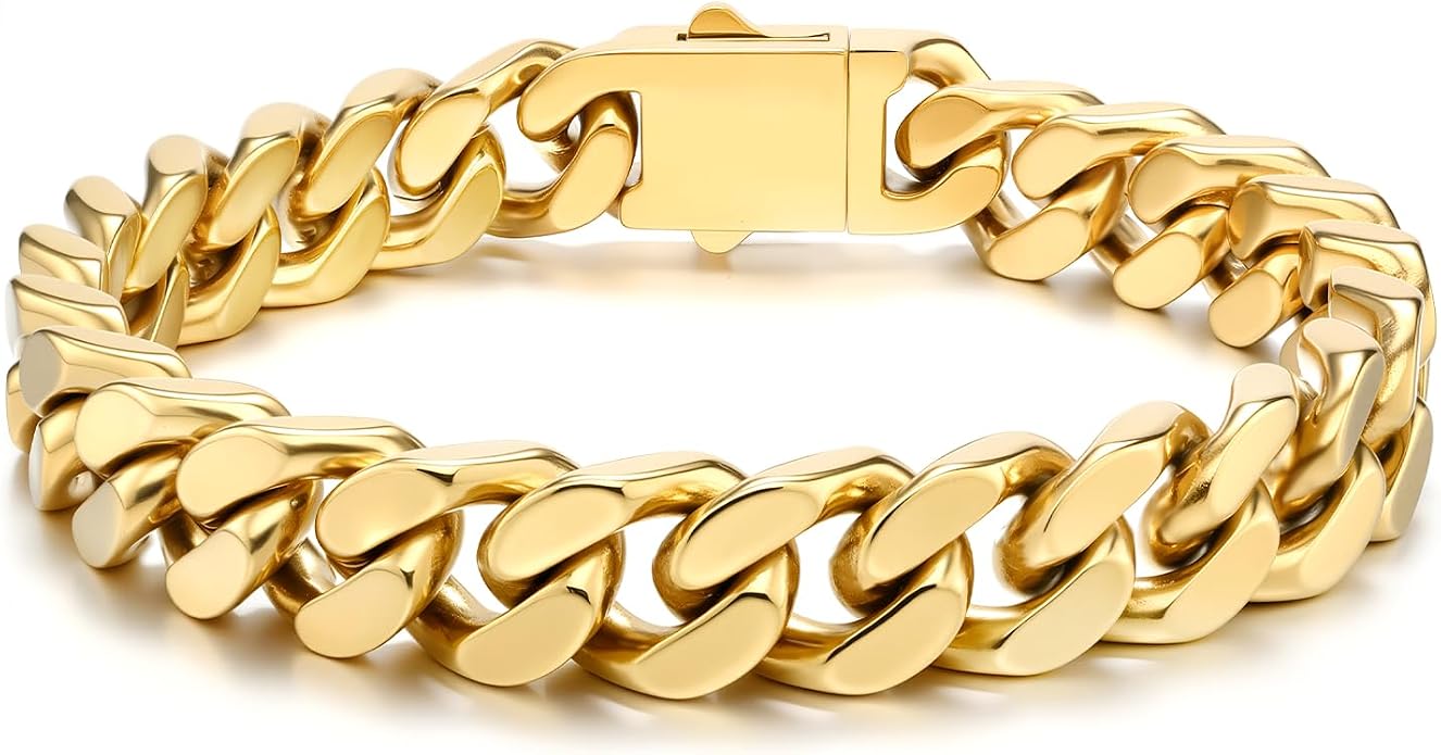 Stainless Steel Cuban Link Bracelet for Men - Gold/Silver Plated Miami Curb Chains Bracelet - Cuban Hand Chain Wrist Bracelet Hip Hop Jewelry, 9mm/11mm Width, 7.5"/8.3"/9"
