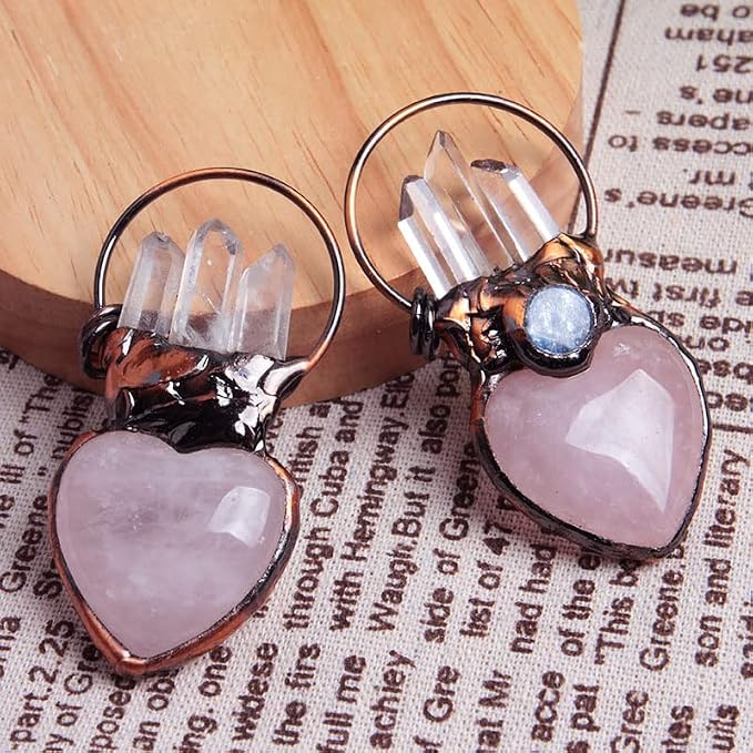 Acxico 1Pcs Natural Rose Quartz Crystal Heart Carved Pendant Clear Quartz Point Healing