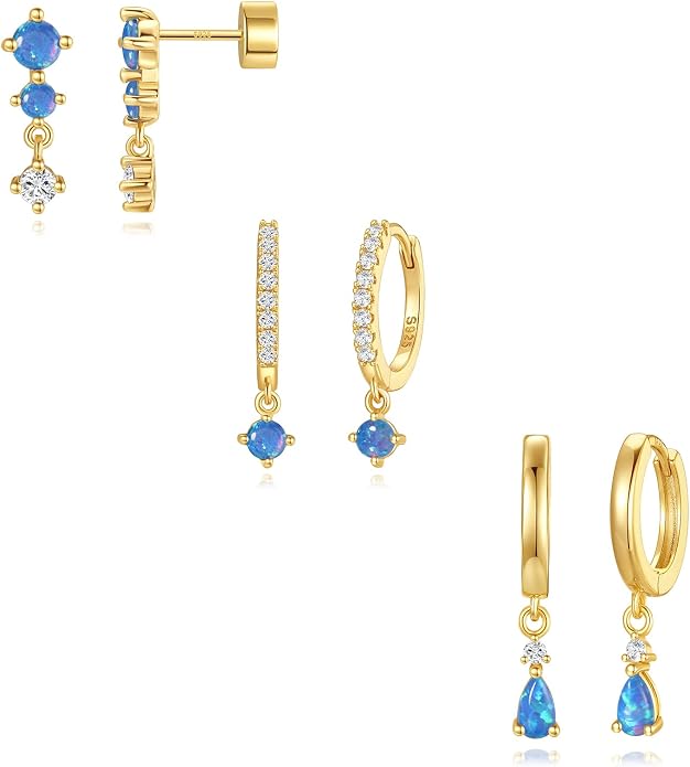 Angelady Opal Earrings Set for Women, Hypoallergenic S925 Sun Stud Earring for Sensitive Ears, Dainty Hoop Huggie Silver Opal Dangle Earring Stacks, Blue Earrings for Women Trendy 2025