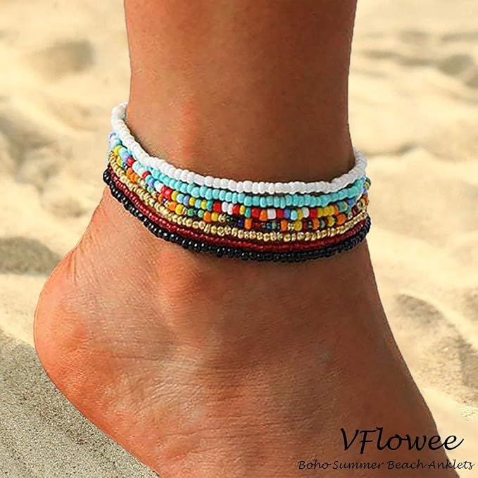 Boho Handmade Beaded African Anklets Multicolor Women Stretch Seed Beads Rainbow Ankle Bracelets Glass Bead Bracelet Elastic Foot and Hand Chain Jewelry (7PCS)