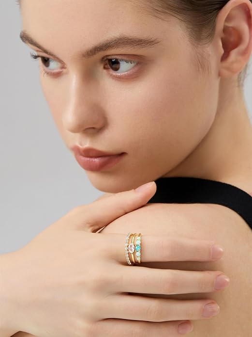 14k Gold Rings For Women,Dainty Chunky Gold Stacking Rings, 3-in-1 One Piece Ring,Trendy CZ & Opal Statement Ring for Women