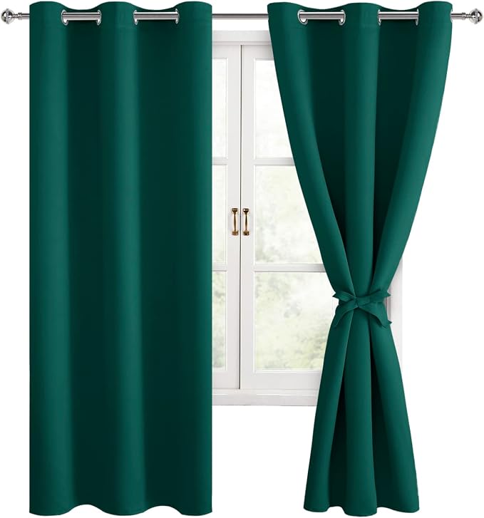Hiasan Room Darkening Window Curtains for Bedroom, Thermal Insulated, Energy Saving Blackout Curtains, Set of 2 Panels, Sewn with Tiebacks, Grommet Top(Hunter Green, Width 42 Inch x Length 63 Inch)