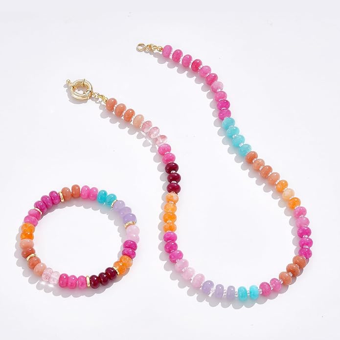 KELORIS PATH Beaded Gemstone Necklaces for Women, Boho Colorful Bead Choker Necklace, Natural Stone Handmade Summer Jewelry for Beach