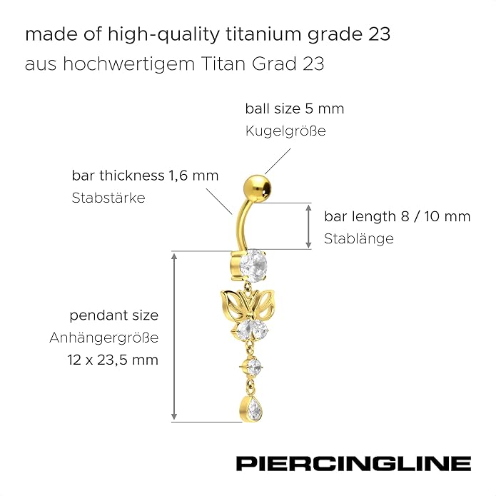 PIERCINGLINE titanium belly button piercing with internal thread, crystal butterfly - belly button ring gold, silver, rosegold piercing