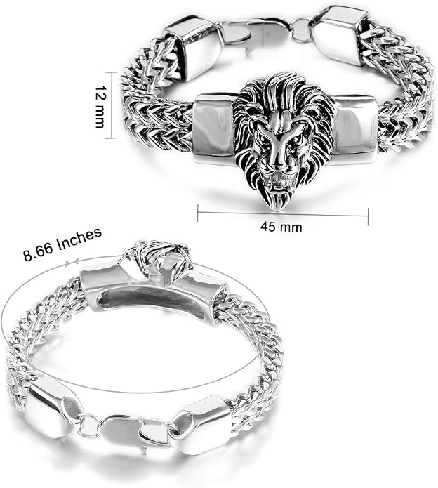 Mens Bracelet Stainless Steel Heavy 12mm Double Franco Chain Lion Head Bracelet Jewelry Men Biker…