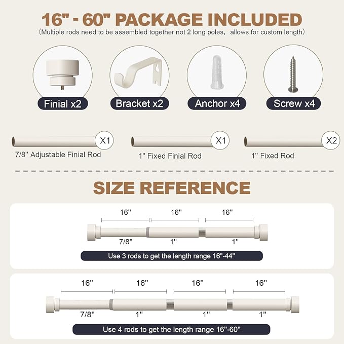 Lootkell Modern White Curtain Rods for Windows 28 to 48 Inches Adjustable Length Heavy Duty 1" Diameter Window Curtain Rod with Decorative Finials for Outdoor Bedroom Kitchen Living Room
