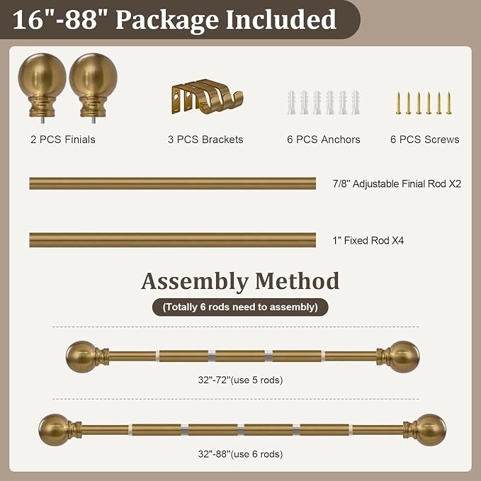Warm Gold Curtain Rods for Windows 48 to 84 Inch 1" Diameter Adjustable | Heavy Duty Brass Window Curtain Rod with Metal Finials for Living Room Bedroom Farmhouse Kitchen Outdoor