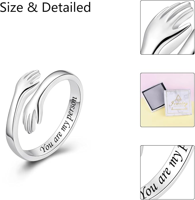 S925 Sterling Silver Hug Rings for Women Teen Girls Adjustable Ring for Granddaughter Daughter Hope Promise Friendship Hand Ring Jewelry for Birthday Graduation Christmas Mothers Day Valentines Gifts