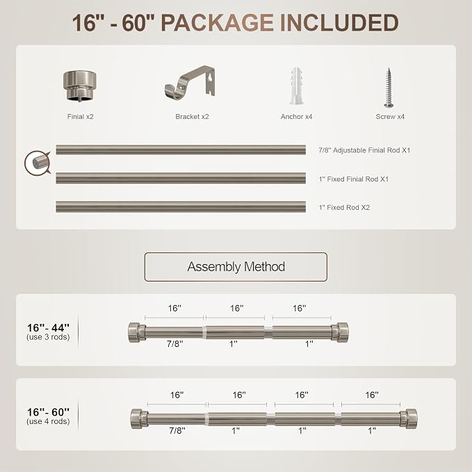 Lootkell Modern Brushed Nickel Curtain Rods for Windows 16 to 60 Adjustable Length Heavy Duty 1" Diameter Window Curtain Rod with Solid Metal Finials for Outdoor Farmhouse Bedroom Kitchen Living Room