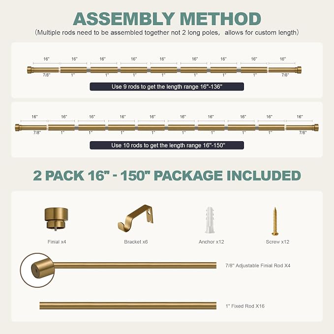 Lootkell 2 Pack Warm Gold Curtain Rods for Windows 72 to 144 Adjustable Length Heavy Duty 1" Diameter Brass Window Rod with Solid Metal Finials for Outdoor Farmhouse Bedroom Kitchen Living Room