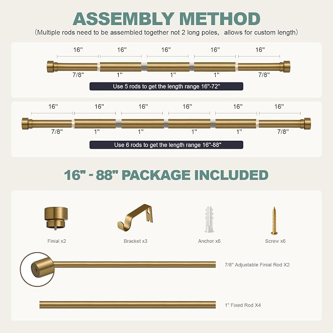 Lootkell Warm Gold Curtain Rods for Windows 48 to 84 Inches Adjustable Length Heavy Duty 1" Diameter Brass Window Curtain Rod with Solid Metal Finials for Outdoor Farmhouse Bedroom Kitchen Living Room