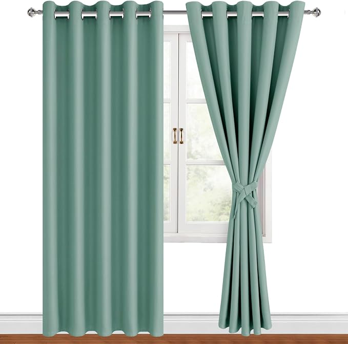 Hiasan Blackout Curtains for Bedroom, 60 x 84 Inches Long - Thermal Insulated & Noise reducing Window Curtains for Living Room, 2 Drape Panels Sewn with Tiebacks, Sage Green