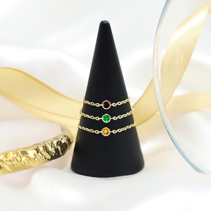 14k Gold Chain Rings for Women with Natural 2.2mm Birthstone, Women's Statement Rings, Chain Rings