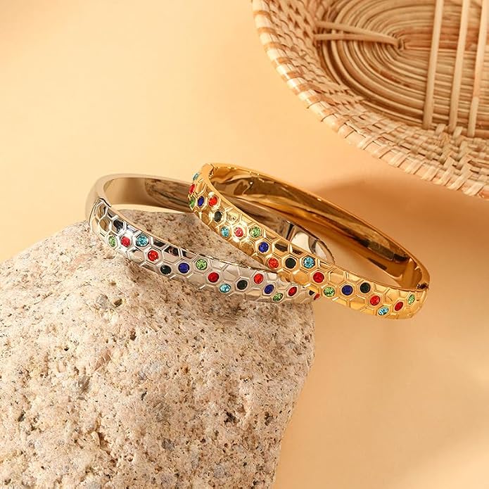 Gold Silver Plated Inspirational Cuff Bangle Bracelets for Women, Multicolor Crystal Statement Jewelry with Gift Box, Encouraging Bracelet Gift for Her Birthday Christmas