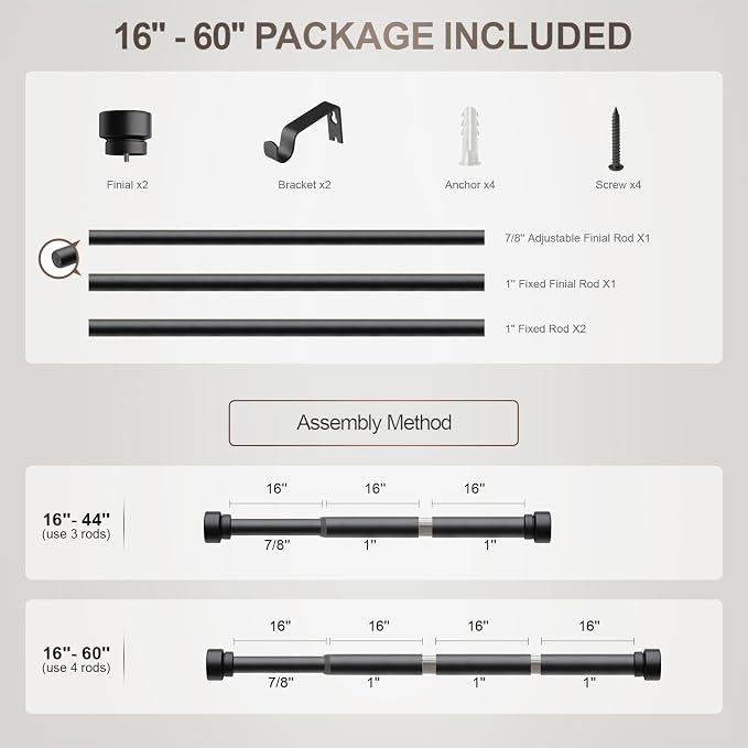 Lootkell Modern Matte Black Curtain Rods for Windows 16 to 60 Adjustable Length Heavy Duty 1" Diameter Window Curtain Rod with Solid Metal Finials for Outdoor Farmhouse Bedroom Kitchen Living Room