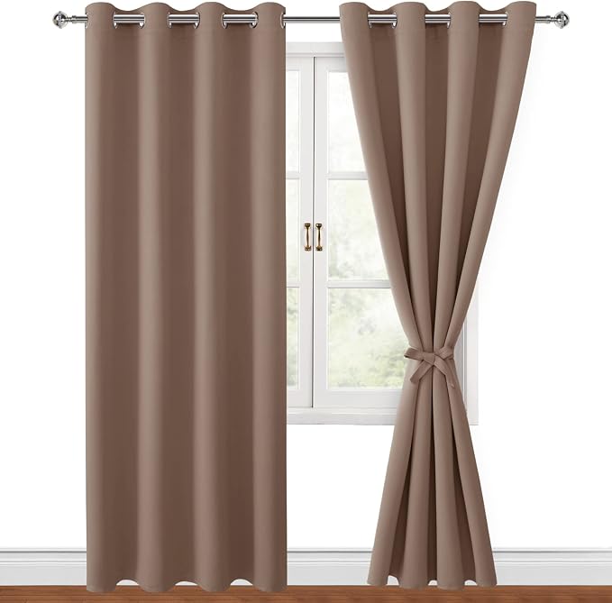 Hiasan Blackout Curtains for Bedroom, 52 x 96 Inches Long - Thermal Insulated & Light Blocking Window Curtains for Living Room, 2 Drape Panels Sewn with Tiebacks, Cappuccino