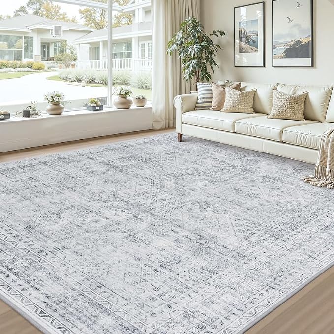 8x10 Area Rugs for Living Room: Vintage Boho Neutral Washable Rug Indoor Soft Large Area Rug Carpet for Bedroom Nursery Farmhouse Dining Room Office Floor Non-Slip Low Pile Under Table Rug Gray