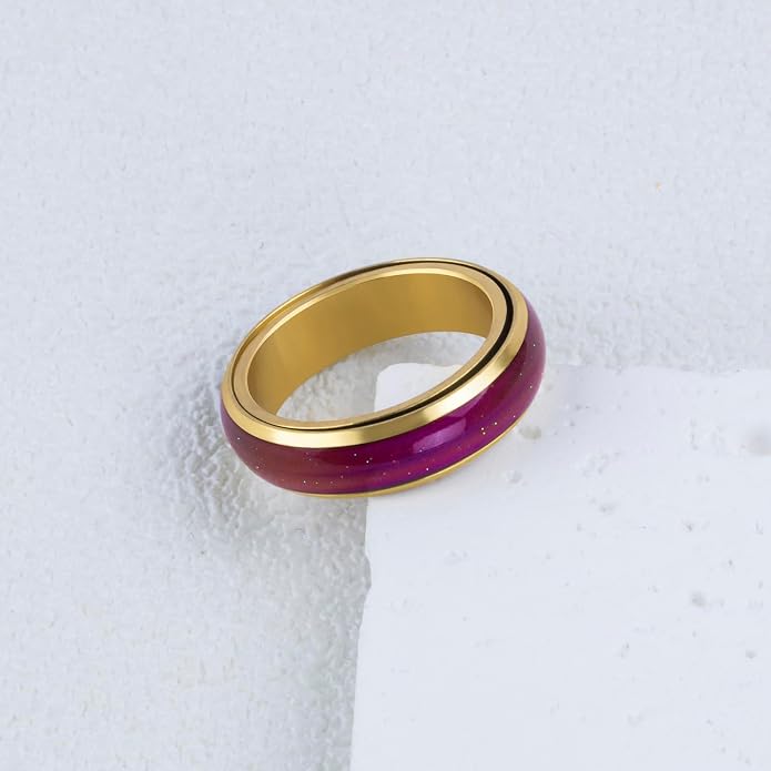Mood Fidget Ring for Women Teens - 6mm Stainless Steel Temperature Sensative Color Changing Spin Rings for Anxiety Relief Mood Jewelry