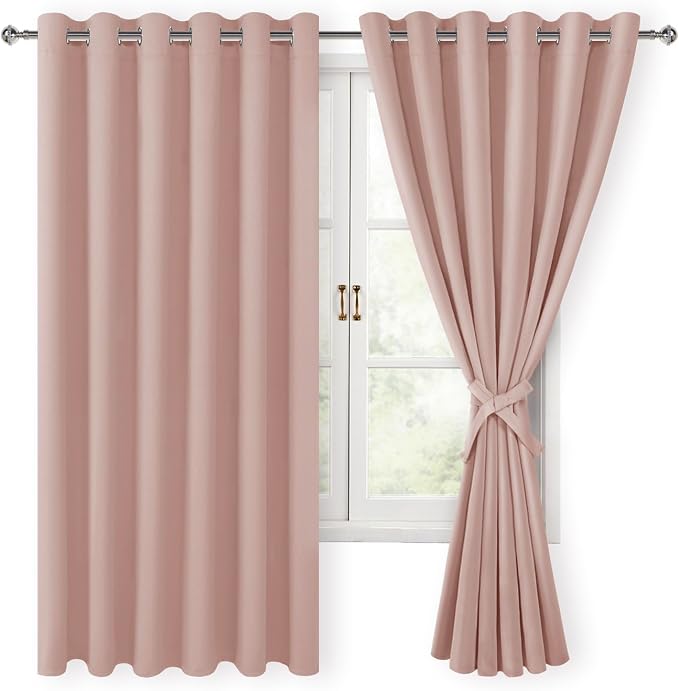 Hiasan Grommet Blackout Curtains for Bedroom, 70 x 63 Inches - Thermal Insulated Light Blocking Window Drapes for Living Room/Dorm Room, Set of 2 Panels Sewn with Tiebacks, Blush