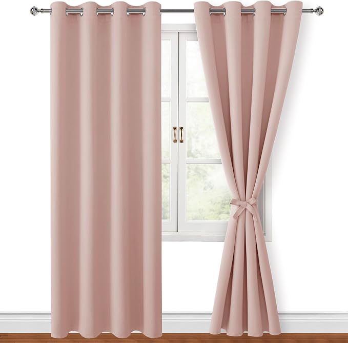 Hiasan Blackout Curtains for Bedroom, 52 x 84 Inches Long - Thermal Insulated Light Blocking Window Curtains for Living Room, 2 Drape Panels Sewn with Tiebacks, Blush