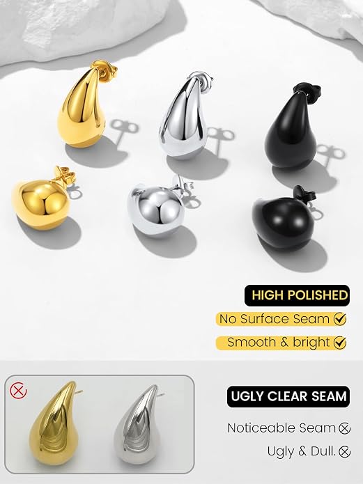 KeyStyle Chunky Gold Hoop Earrings for Women Trendy, Stainless Steel TearDrop Hoops Earring, Lightweight Water Drop Ear Jewerly