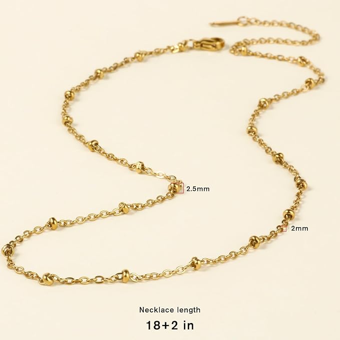 Cadikez 24PCS Gold Satellite Chain Necklace Bulk, 2mm 18inch 18K Gold PVD Plated Stainless Steel Finished Beaded Cable Link Chains for Necklace Jewelry Making